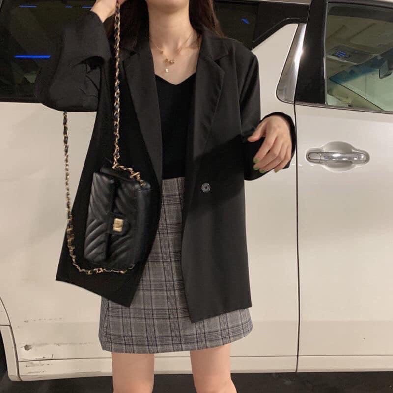 Set áo Blazer nữ cao cấp dài tay cổ vest dáng rộng màu nâu đen kèm chân váy kẻ caro