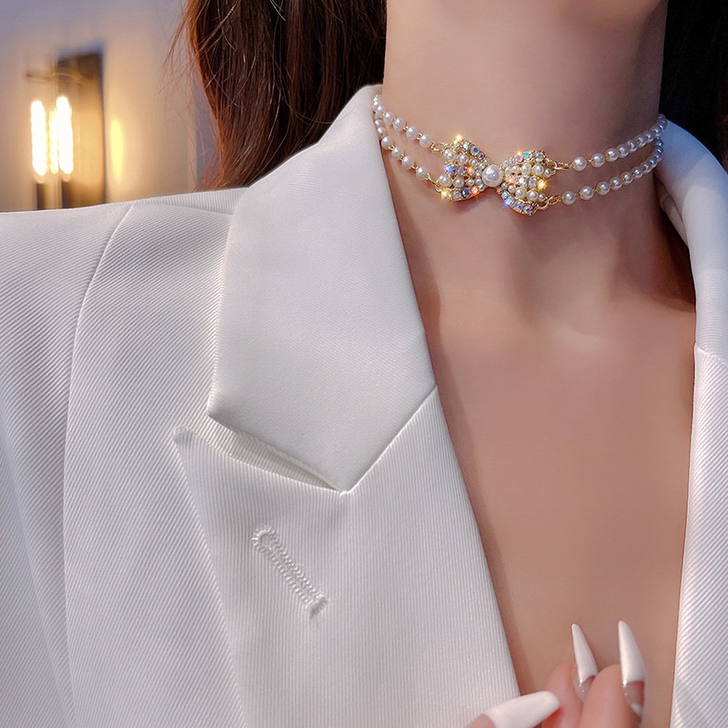 Vòng cổ Hình Nơ Ngắn Đính Đá Ngọc Trai Sang Trọng 2022 Cho Nữ