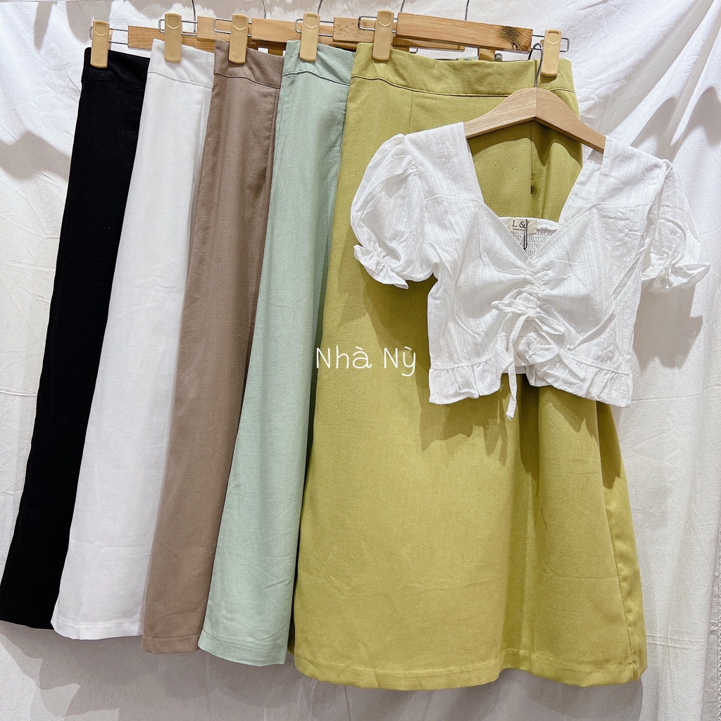 LOVI SHOP- Chân váy midi suông dài xẻ sau chất linen Kochi Skirt