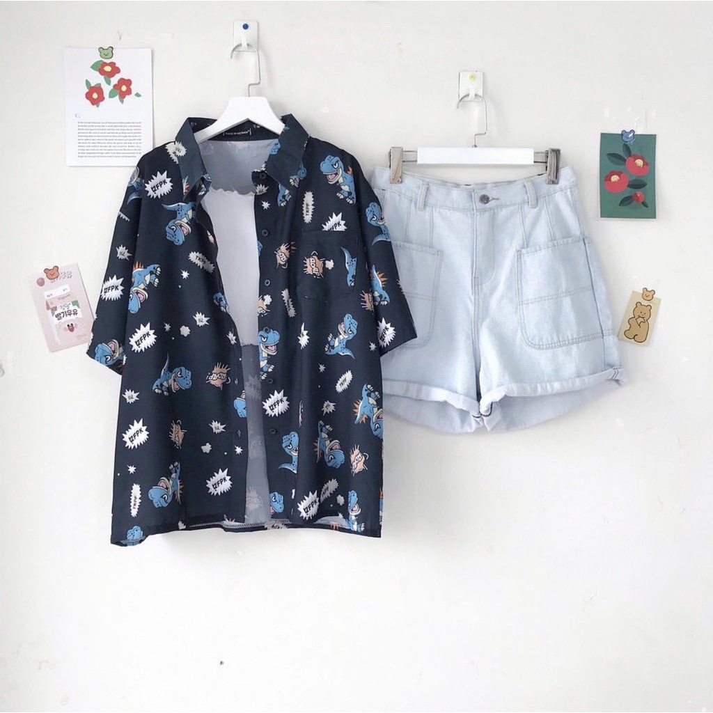 Áo sơ mi tay ngắn form rộng in hình khủng long dễ thương cá tính siêu hot giá rẻ