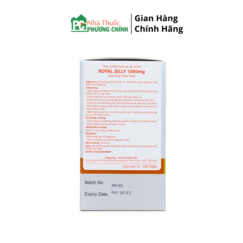 Viên Uống Sữa Ong Chúa Úc Royal Jelly CareLine 1000mg - Sáng Đẹp Da, Chậm Lão Hóa, Tăng Cường Sức Khỏe