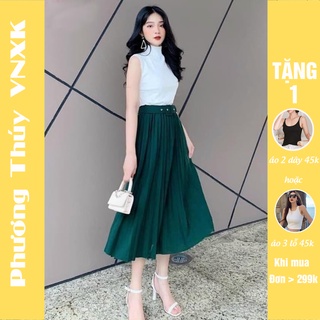 Chân váy xếp ly nữ PHƯƠNG THÚY VNXK - Chân váy xếp ly dài kèm đai hàng da lộn mịn