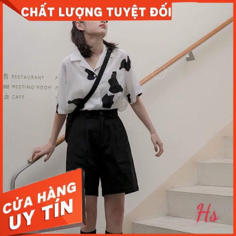 Áo Sơ Mi Ngắn Tay Unisex Dáng Rộng In Bò Sữa