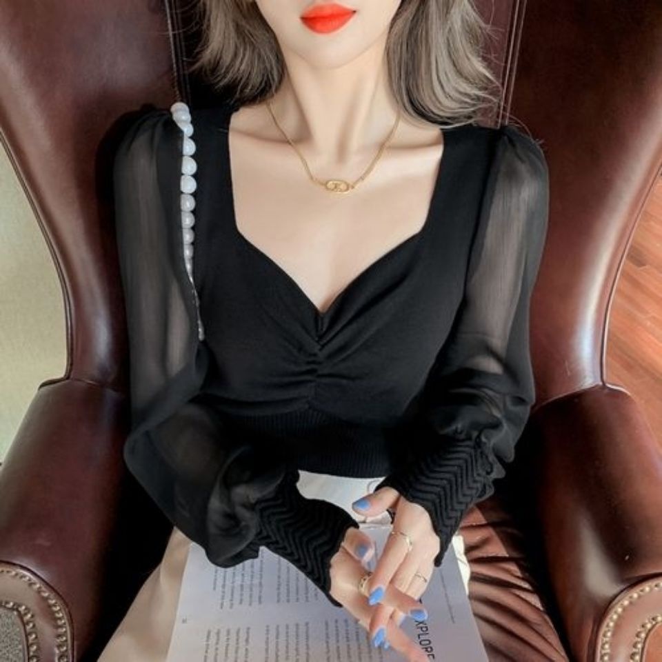 Áo Sweater Vải Lụa Lạnh Mỏng Cổ Vuông Tay Phồng Thời Trang Mùa Thu Mới 2022 Cho Nữ
