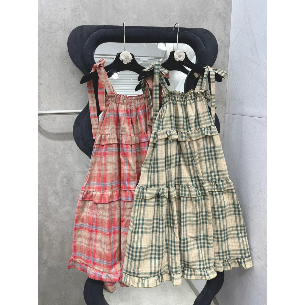 Váy BabyDoll Dáng Dài 3 Tầng Dây Buộc Đầm Nữ 2 Dây Buộc Vai Kẻ Caro Dáng Xoè Freesize