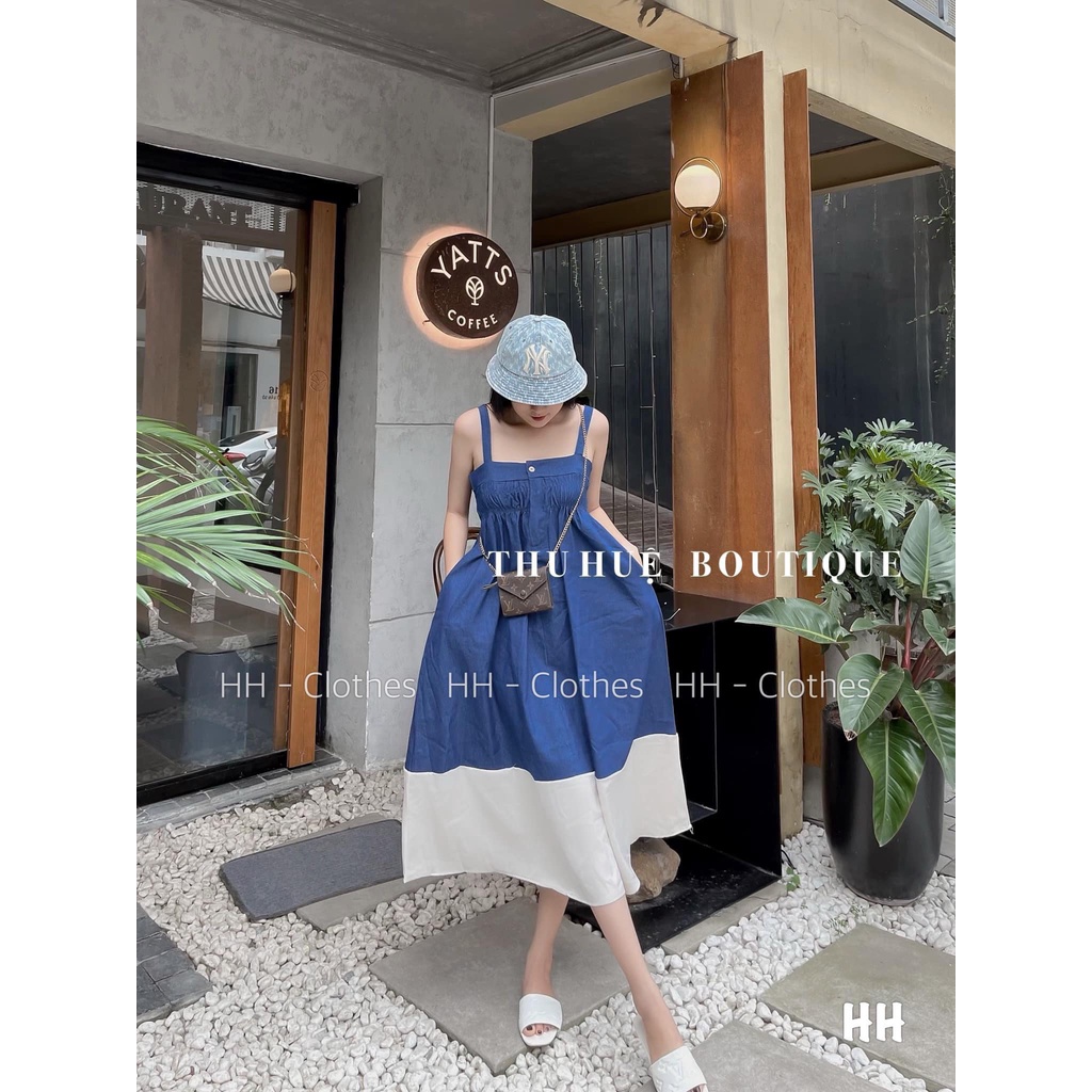 Váy bò Denim 2 dây dáng dài chun ngực thêu tag Prada nổi bật