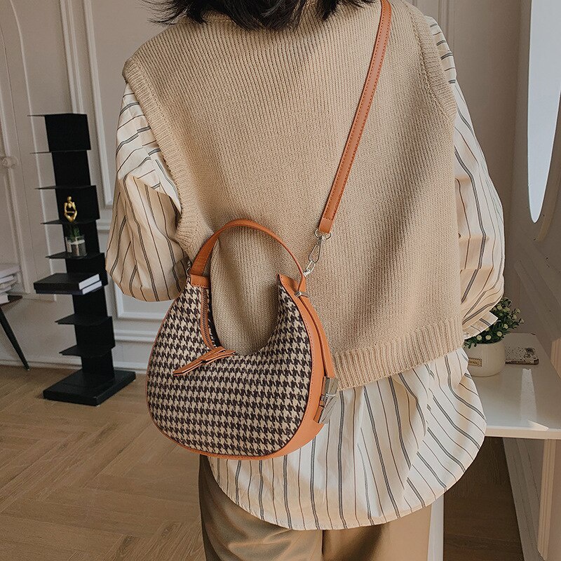 Túi đeo vai Jasmin Noir bằng len kiểu trăng khuyết in họa tiết houndstooth thời trang cổ điển mùa đông cho nữ