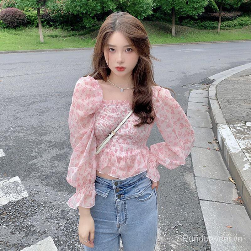 Áo kiểu trễ vai họa tiết hoa phong cách Pháp thời trang hè 2021 cho nữ