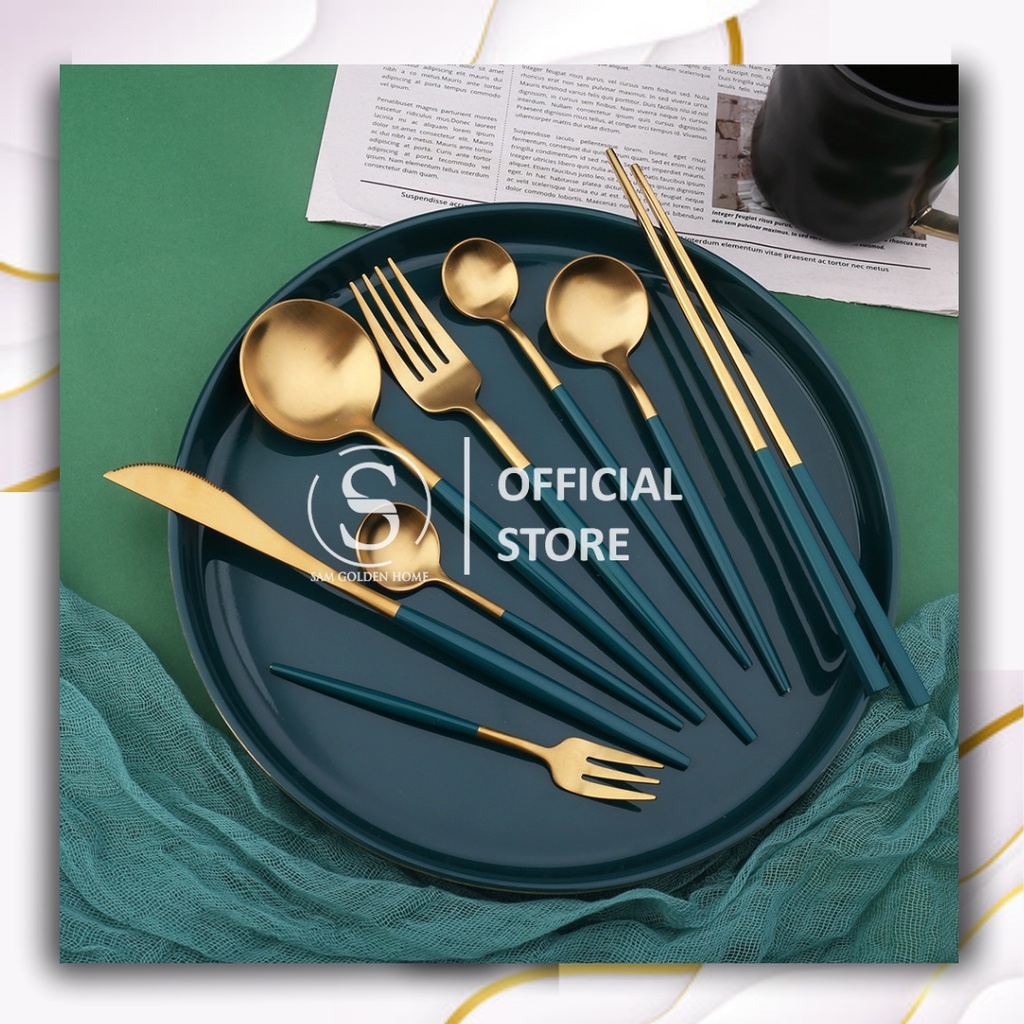 SET Đũa Muỗng Nĩa Ăn Cơm Inox Không Gỉ 5 Món Sang Trọng Phong Cách Châu Âu Emerald