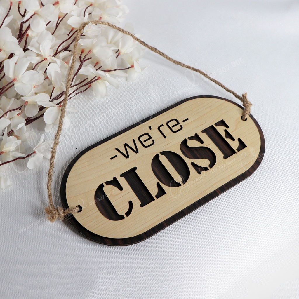 Bảng gỗ OPEN CLOSE 2 mặt và 3 lớp, dây treo trang trí quán, cửa hàng...