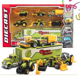 Bộ xe ô tô công trình gồm xe tải và 6 xe nhỏ die cast mô hình tỉ lệ 1:64 đồ chơi trẻ em