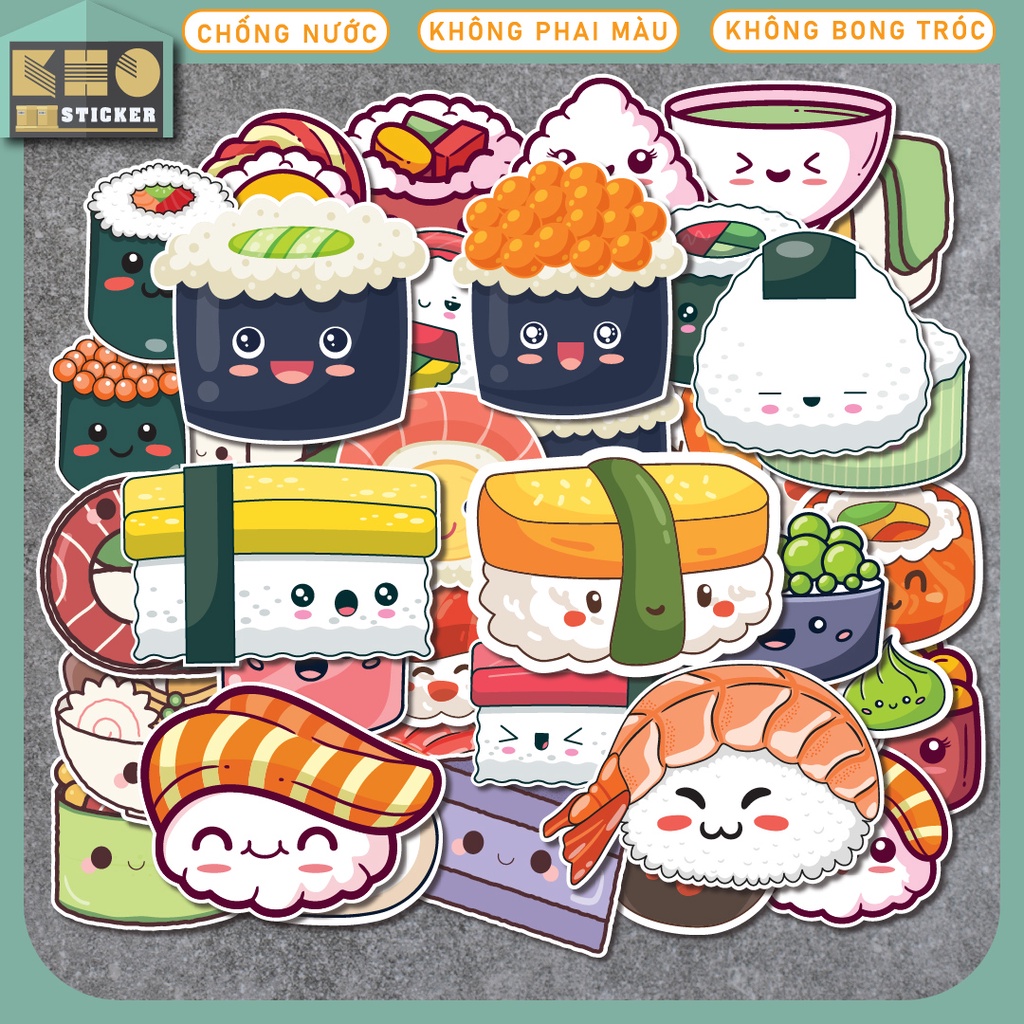 Combo 50 Sticker Sushi chống nước sticker dán laptop, điện thoại, đàn guitar, mũ bảo hiểm, vali. MSP: ST22