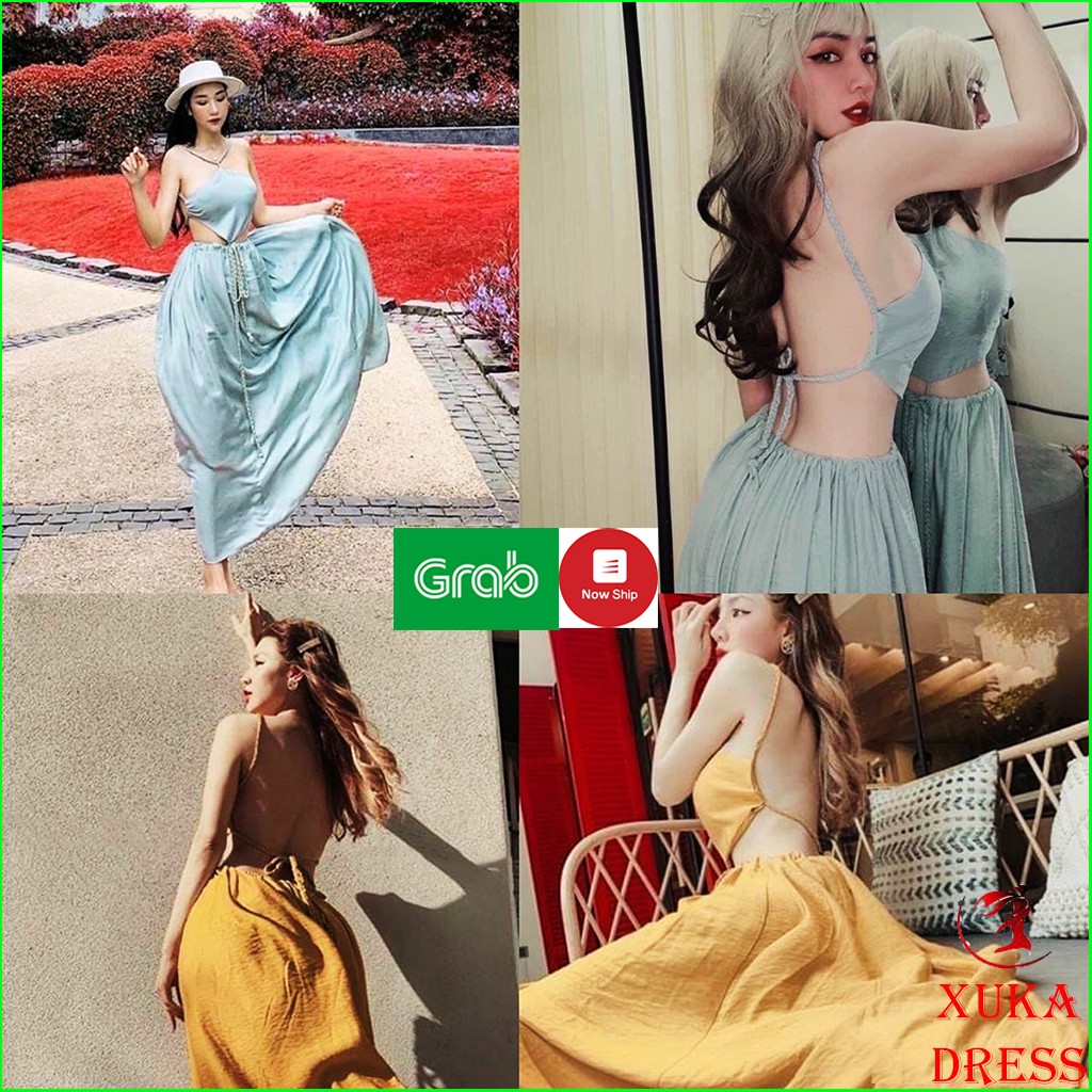 Set maxi đi biển cổ yếm xanh thắt rết siêu xinh sống ảo phong cách XUKA-DRESS MT006-chất Đũi lạnh mát