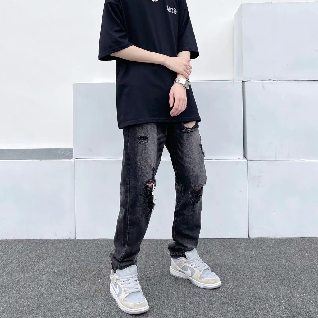 Quần Jean Ống Rộng Màu Đen Phối Rách Phong Cách Hip Hop Đường Phố Mỹ Thời Trang Mùa Hè Cho Nam Size S-3Xl | BigBuy360 - bigbuy360.vn