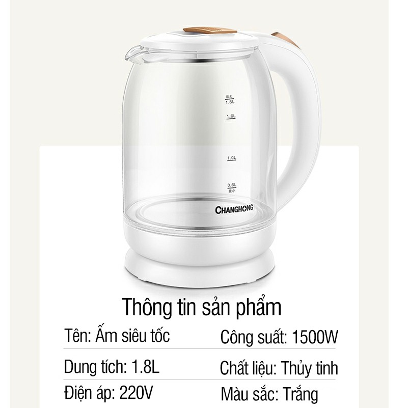 Ấm Siêu Tốc Thủy Tinh Bình Đun Nấu Nước Siêu Tốc Dung Tích 1.8l Công Suất 1500ml Có Lưới Lọc