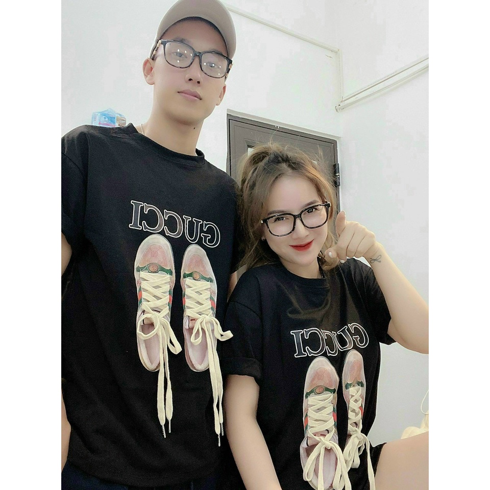 ÁO THUN UNISEX , ÁO NAM NỮ FORM RỘNG IN HÌNH ĐÔI GIÀY, CHỮ GUCCI MÁT MẺ NĂNG ĐỘNG