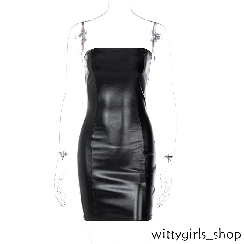 Wittygirls_shop | Đầm Da PU Không Tay Co Giãn Gợi Cảm Hợp Thời Trang Cho Nữ