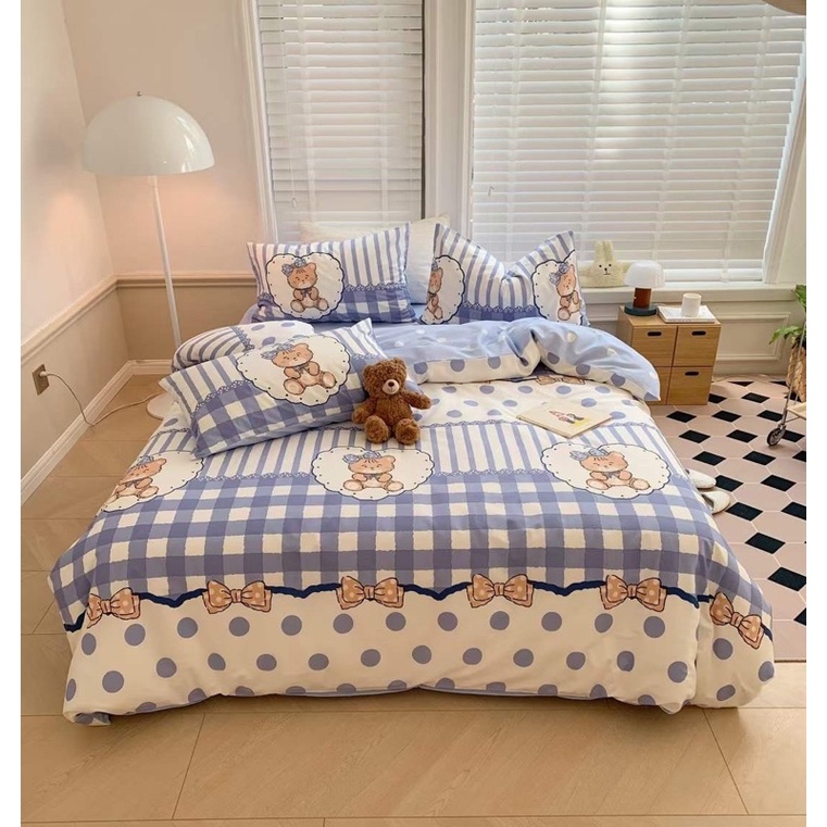 Set Chăn Ga Gối Cotton Living Dây Nơ 100% cottonHàng Nhập Khẩu Cao Cấp 4 Món Nơ Xinh Chấm Bi