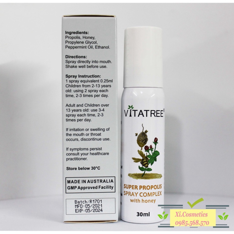 [ Mẫu mới 30ml, date 2024 ] Xịt keo ong Vitatree 25ml, Vitatree Super Propolis Spray complex with Honey Úc