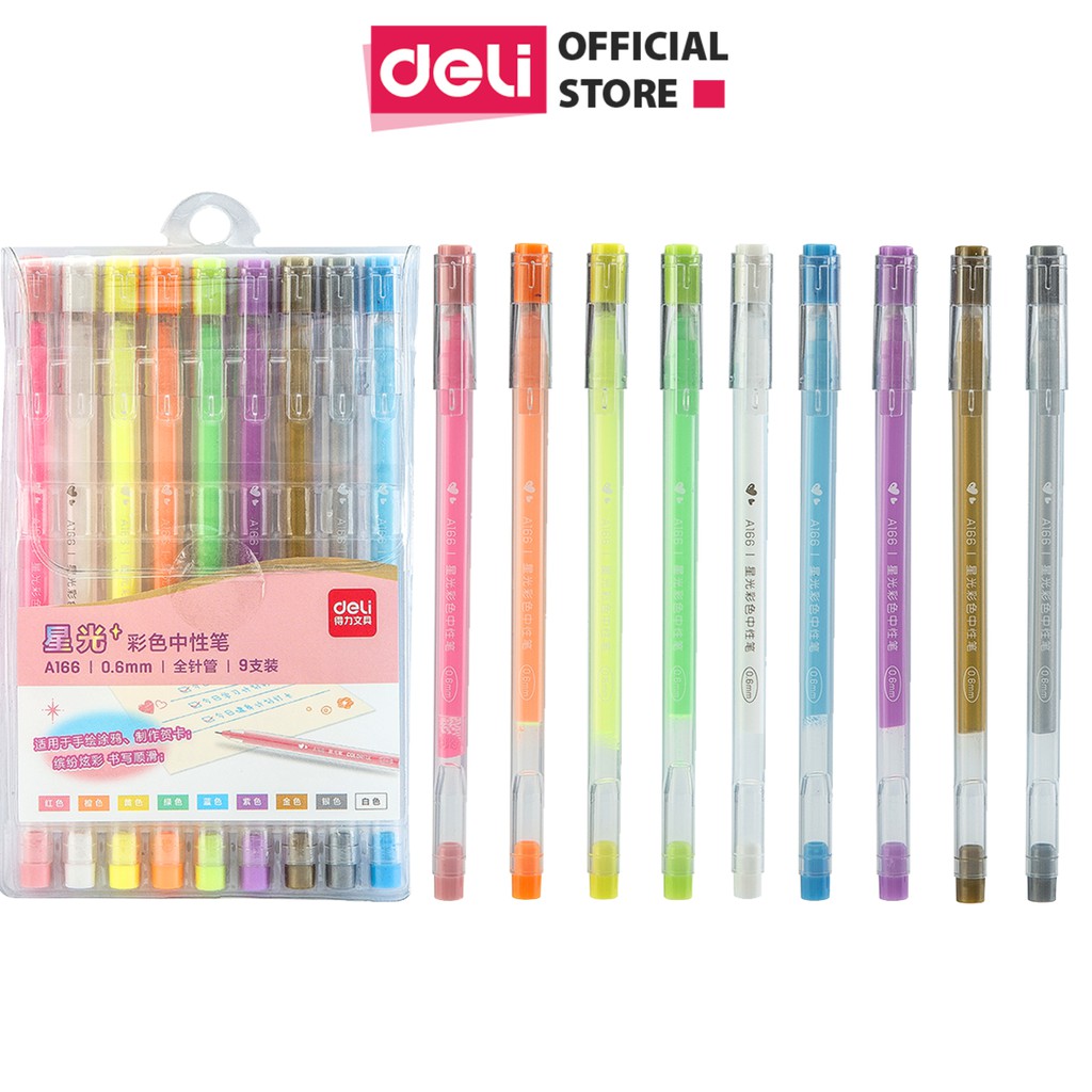 Bút gel nhiều màu Deli - 0.6mm - Mực trơn đều, tích hợp ghim kẹp - 9 màu 9 chiếc/Hộp - 1 hộp - A166