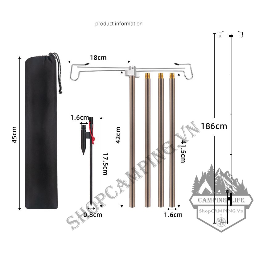 Trụ đèn cắm đất hợp kim nhôm 2 móc treo, cây treo đèn phi 16mm dã ngoại, cắm trại - Camping VietNam