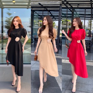 Đầm xoè tay phồng nhún eo vạt chéo