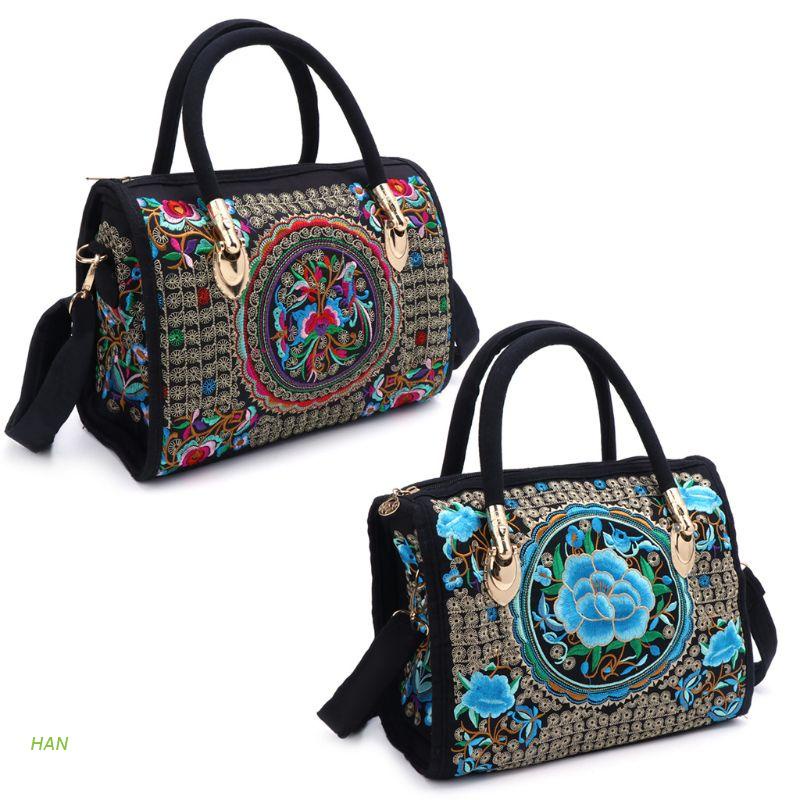 HAN  Women Floral Embroidered Handbag Ethnic Boho Canvas Shopping Tote Zipper Bag
