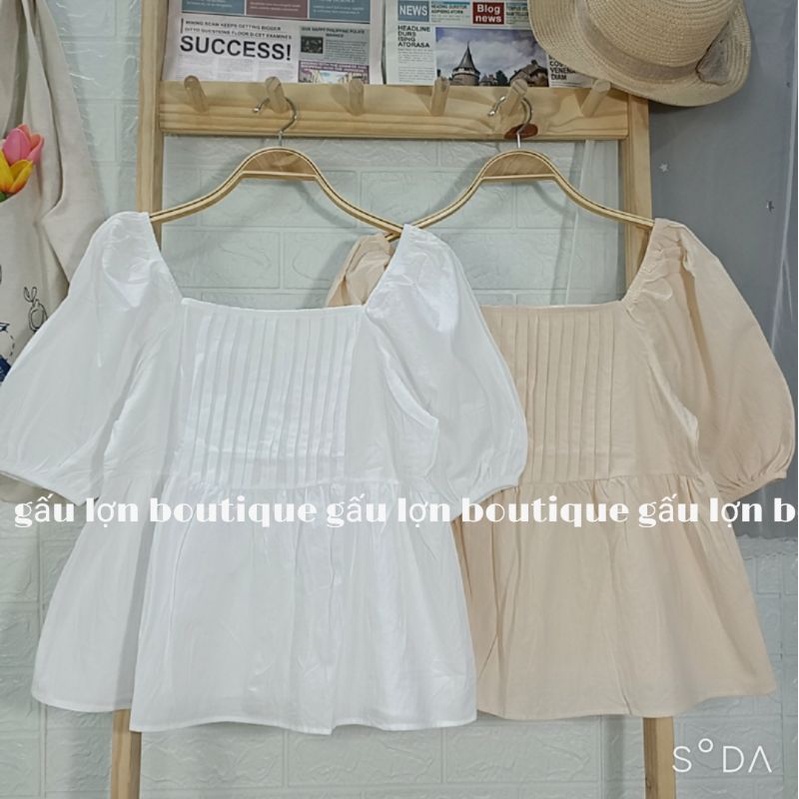 áo babydoll cổ vuông tay bồng xếp li ngực tiểu thư
