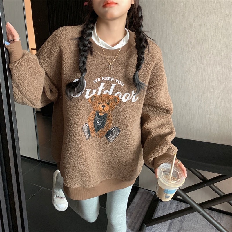 Áo khoác Sweater cổ tròn lót nhung lông cừu lót nhung màu sắc tương phản thời trang mùa đông cho nữ