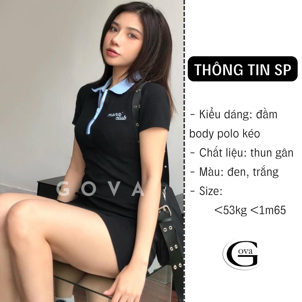 Đầm Váy Body CỔ POLO DÂY KÉO Dáng Xoè Thêu Chữ Đẹp Thun Gân Kiểu Sexy Nữ, Đầm Thun Ôm Body Đẹp GOVA