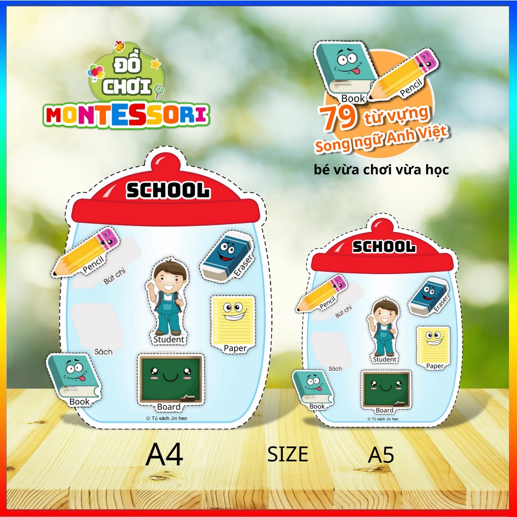 Đồ chơi Montessori Bóc dán song ngữ Anh Việt 12 chủ đề - Đồ chơi Học liệu giáo dục theo phương pháp Montessori