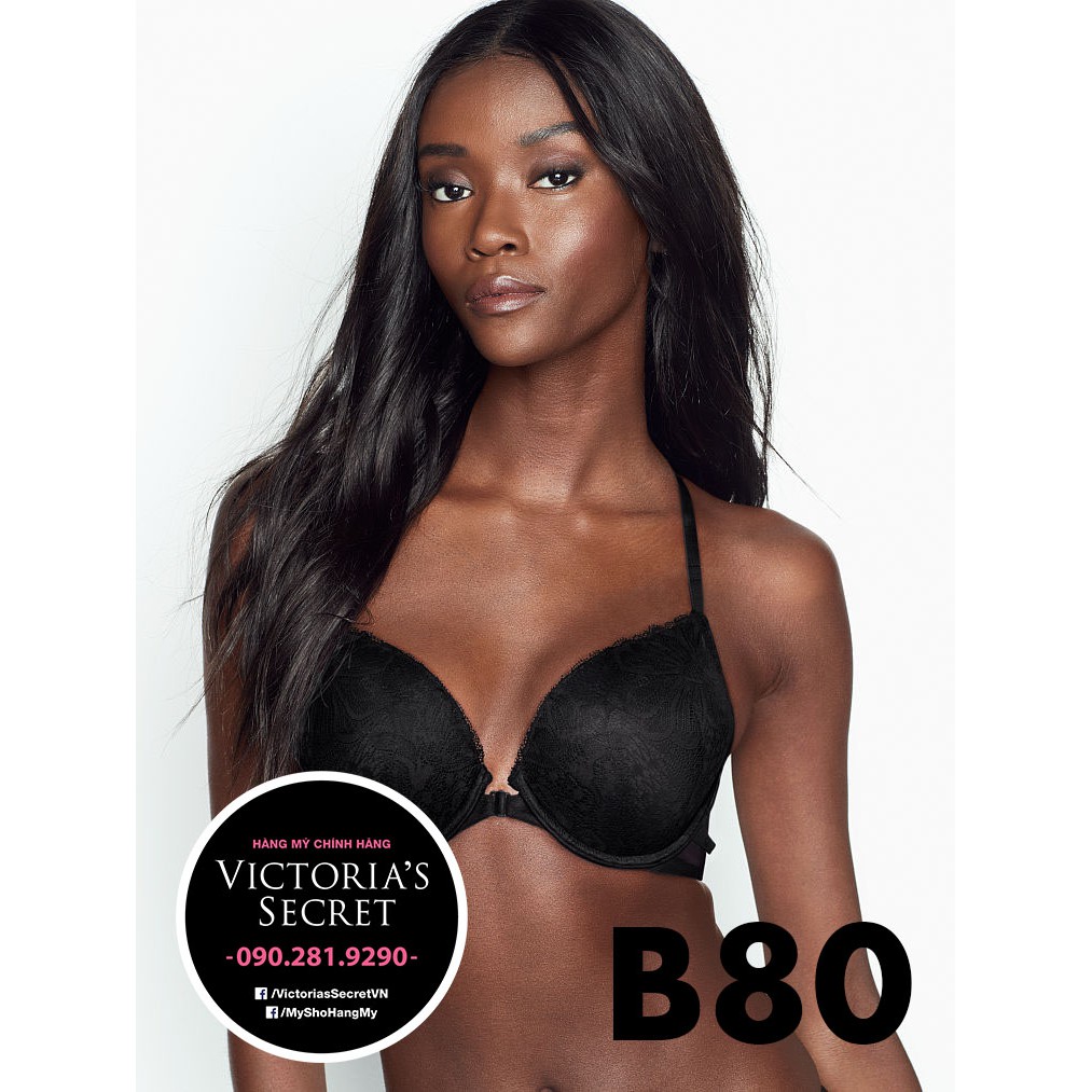 Vic USA 36B, B80 - Áo da đen gài trước phối ren (117) Favorite T Push-up mút nâng, Black Lace - Victoria's Secret
