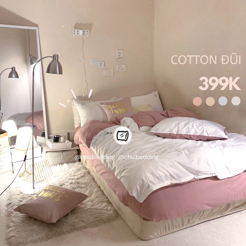 Set chăn ga gối Cotton đũi: mix trắng hồng đất