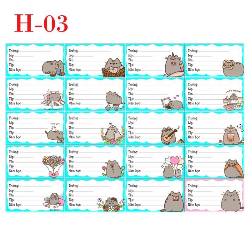Nhãn vở mèo pusheen 40 nhãn khác nhau/ nhãn dán mèo pusheen cute