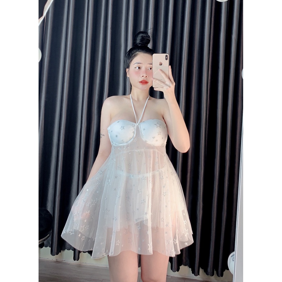 Đầm ngủ Lưới 2 Dây Sexy Nữ, Đầm Ngủ Lụa Nữ, Voan lưới mềm mại có mút ngực kèm quần, Freesize 40_55kg, tuỳ chiều cao.