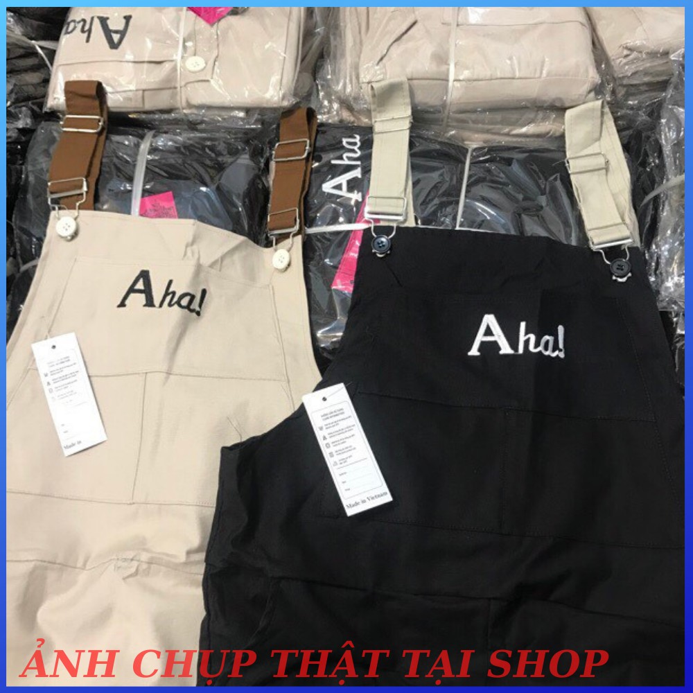 [TẶNG KÈM ÁO PHÔNG]Quần yếm kaki Ulzzang thêu Aha dây phối màu 3 size S,M,L