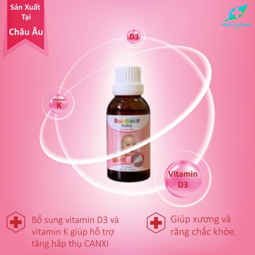 Vitamin D3+K Rainbovid Baby NHẬP KHẨU BA LAN- Tăng Cường Hấp Thu Canxi Tối Đa Cho Trẻ Cao Lớn Khỏe Mạnh