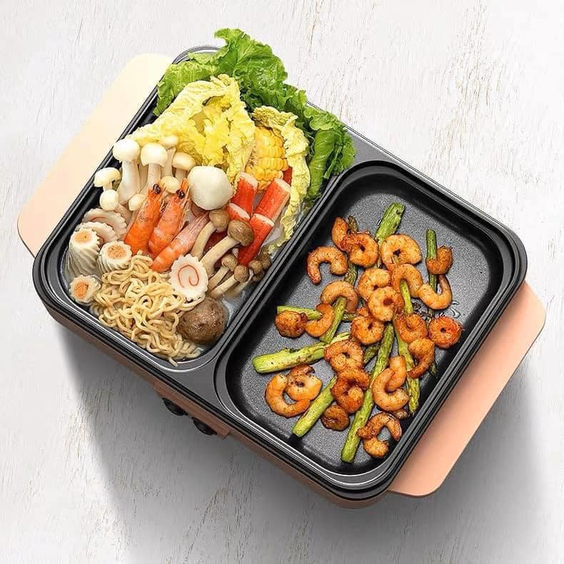 NỒI LẨU ĐIỆN MINI ĐA NĂNG 2 NGĂN -NỒI NƯỚNG ĐIỆN  CHỐNG DÍNH THẾ HỆ MỚI- TIỆN DỤNG CHO MỌI GIA ĐÌNH