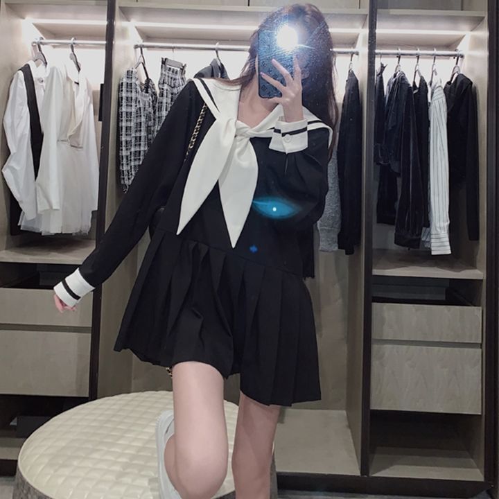 Đầm Dáng Chữ A Dài Tay Cổ Thủy Thủ Xinh Xắn Dành Cho Nữ