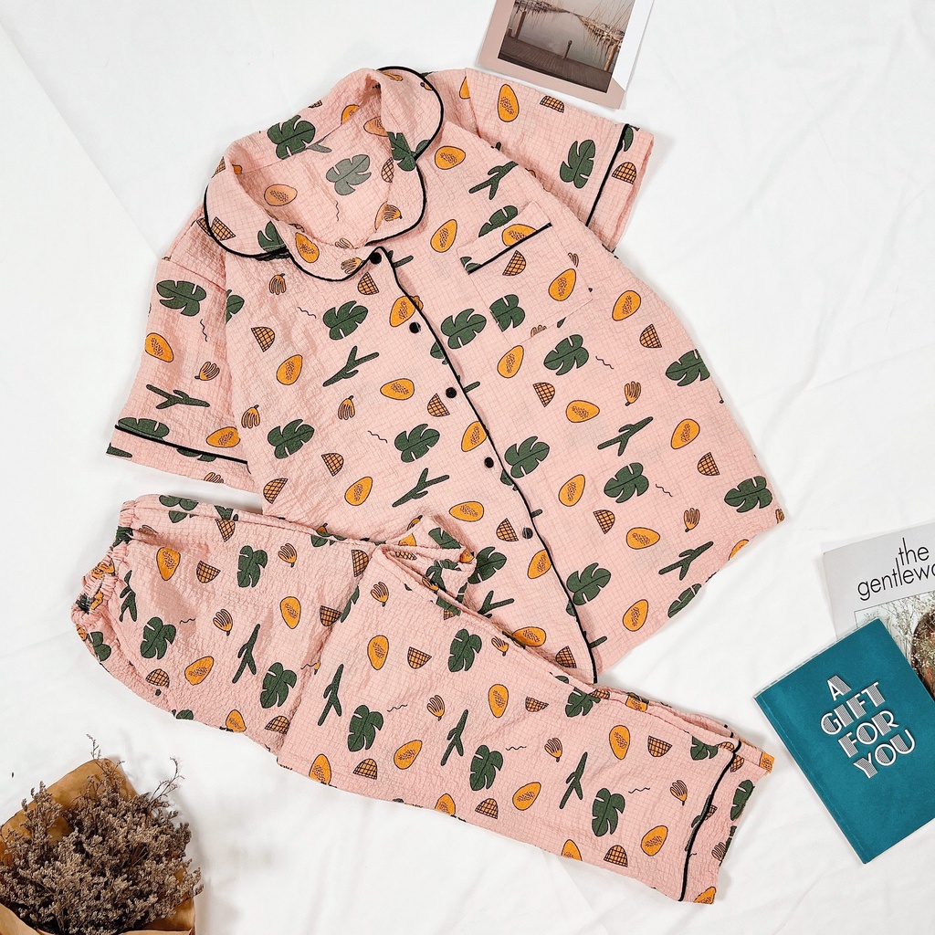 Bộ Ngủ Pijama Mặc Nhà HATIBO Chất Đũi Xốp Tay Ngắn Quần Dài Thoáng Mát Thấm Hút Mồ Hôi Siêu Tốt Họa Tiết Dễ Thương