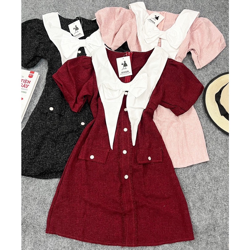 ĐẦM VẢI BỐ PHỐI CỔ SEN DÀI DÁNG CHỮ A