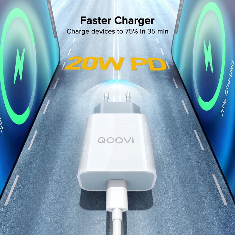 Củ sạc nhanh QOOVI 20W PD USB C 4.0 QC 3.0 Type-C thích hợp cho iPhone 13 12 Pro Max Mini 11 8 Huawei