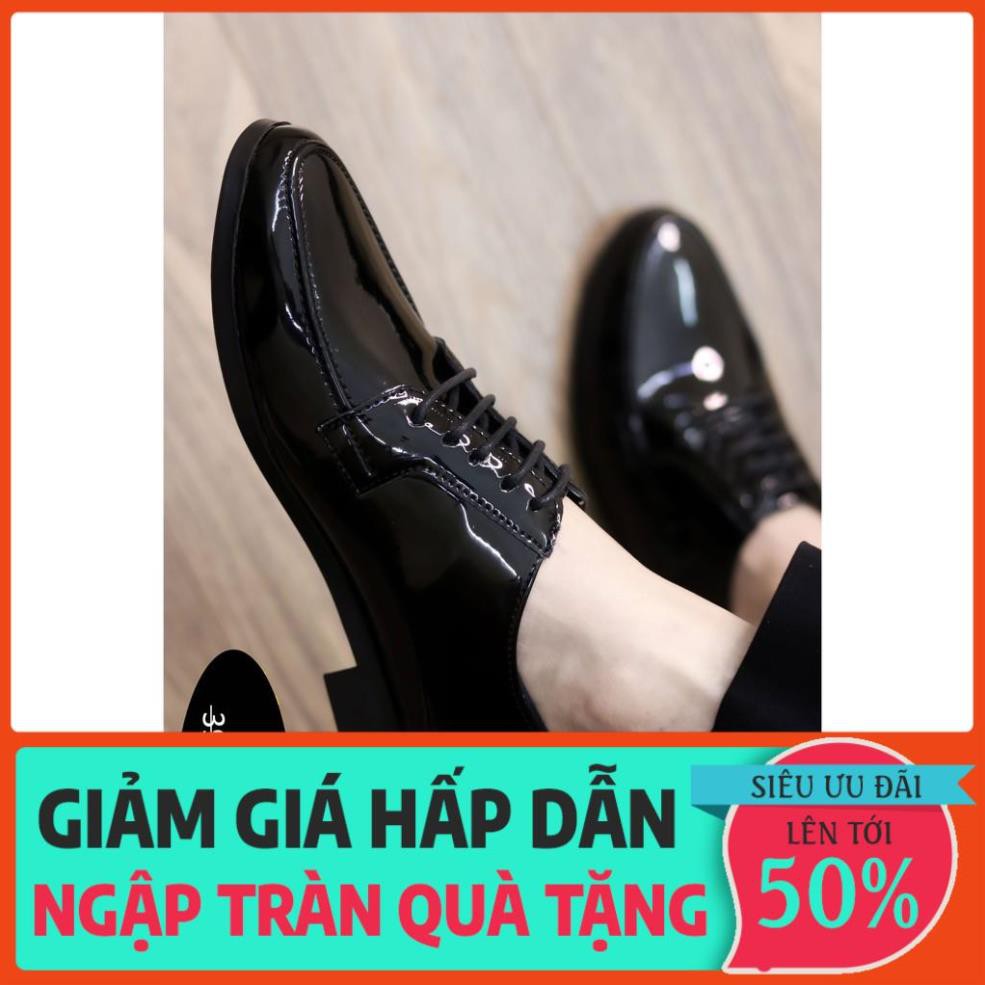 Giày Tây Công Sở Nam Buộc Dây - Da PU Cao Cấp, Đế Cao Su Cao 3cm - L162 Màu Đen Bóng *
