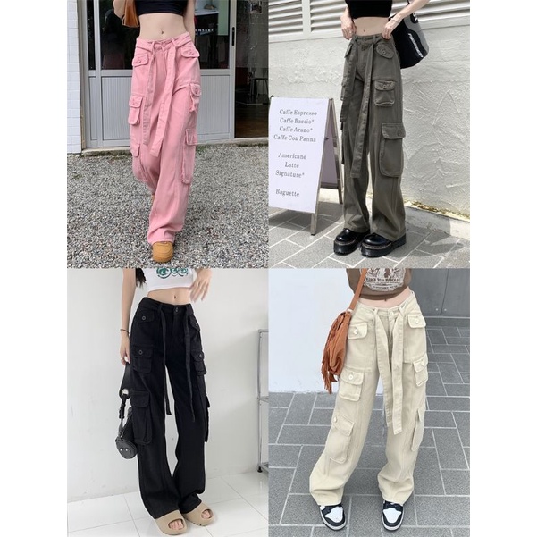 Quần kaki ống rộng túi hộp cá tính màu hồng độc