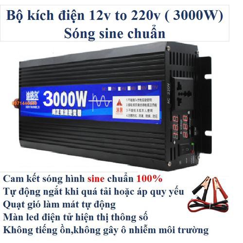 Bộ đổi nguồn 3000w sine chuẩn Điện áp vào:12v Điện áp ra:220v Công suất đỉnh: 3000w Công suất liên tục: 1500w