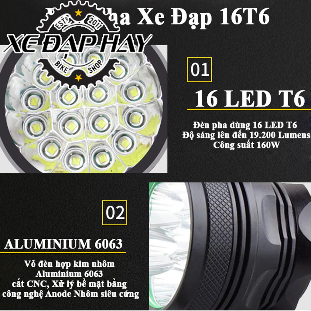 Đèn Pha Xe Đạp 16LED T6 | Độ Sáng 19200 Lumens,Công Suất 160W |Pin Sạc Lithium 18560 X6 | Tuổi Thọ LED 10000 Giờ