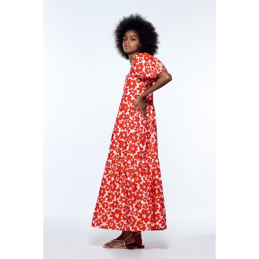 Zara Morocco full tag - Đầm Zara hoa đỏ xanh tay bồng xinh xắn