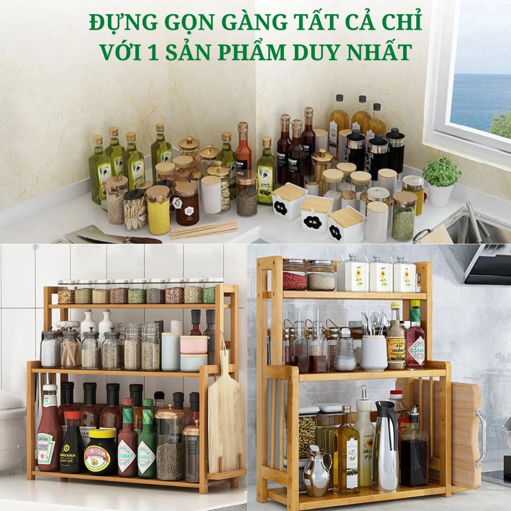 Kệ Gia Vị Gỗ Tự Nhiên - Kệ để gia vị 3 tầng, 2 tầng - Kệ gia vị VIVUDECOR KV01
