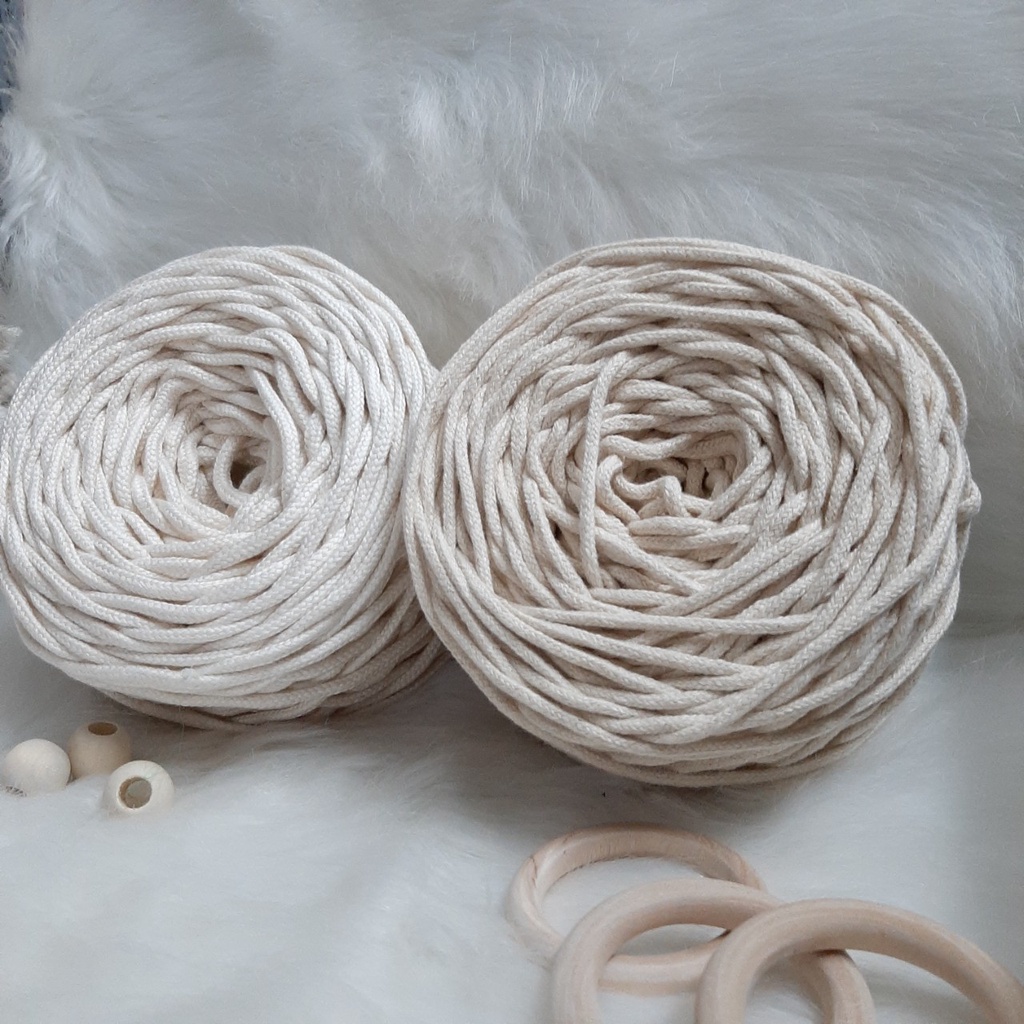 Dây thừng đan macrame dệt mắt na, dây cotton -3mm,4mm,5mm. Màu ngà., kem và trắng