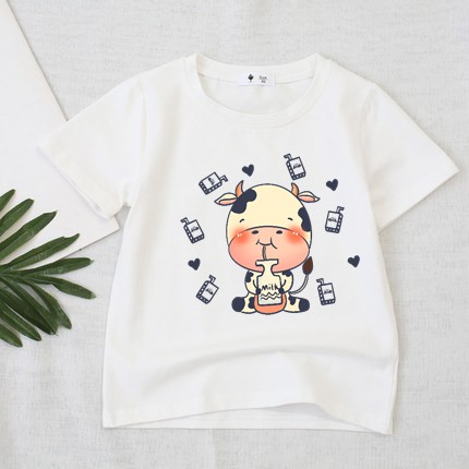 áo thun cotton day mịn cho bé trai bé gái-áo thun ngắn tay họa tiết bò sữa vui nhộn